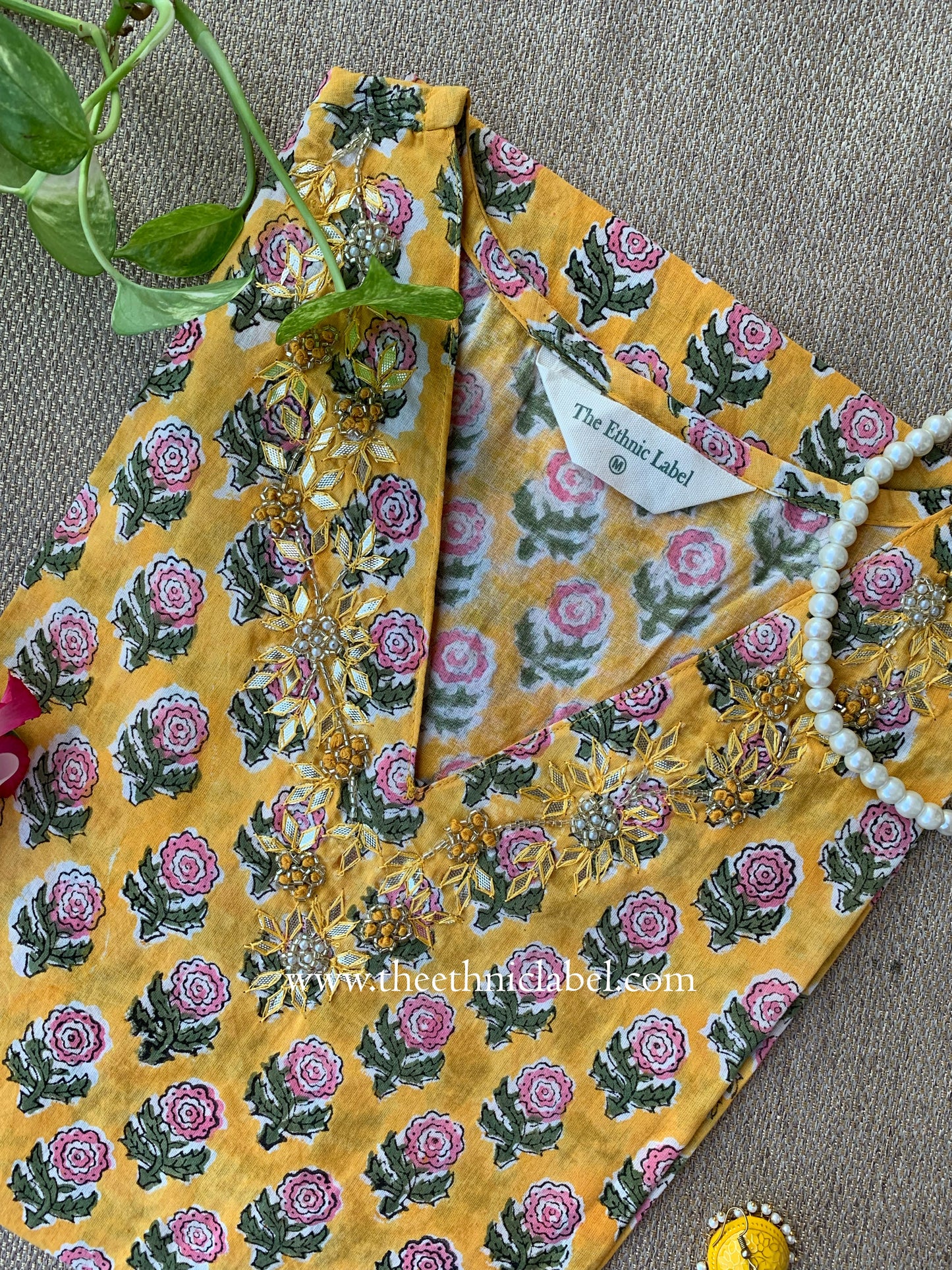 "Mehrab" Hand Embroidered Block Printed Yellow Cotton kurta