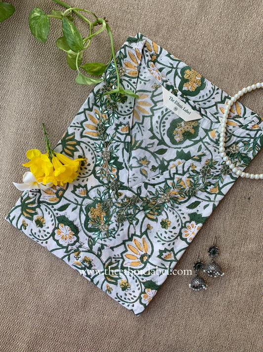 "Naazuk" Hand Embroidered Block Printed White Cotton kurta