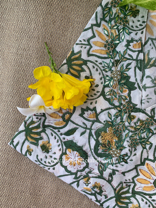 "Naazuk" Hand Embroidered Block Printed White Cotton kurta