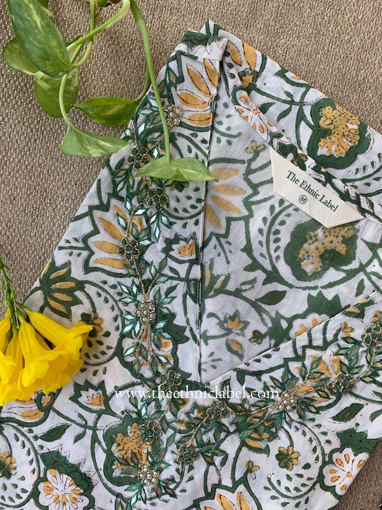 "Naazuk" Hand Embroidered Block Printed White Cotton kurta