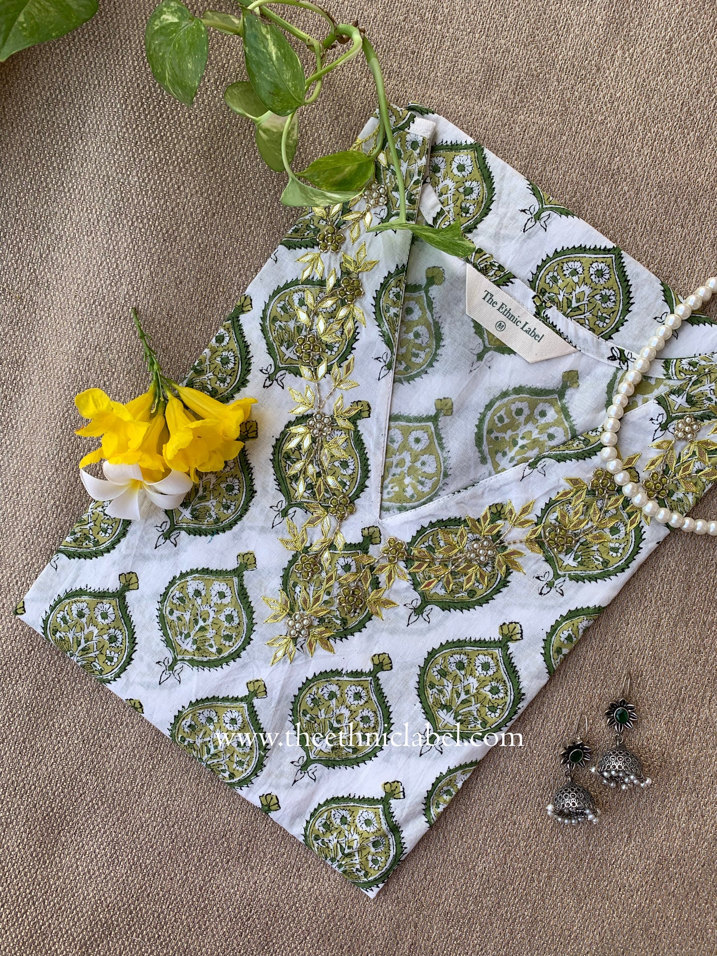 "Tasveer" Hand Embroidered Block Printed White Cotton kurta