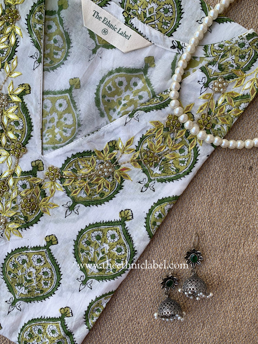 "Tasveer" Hand Embroidered Block Printed White Cotton kurta