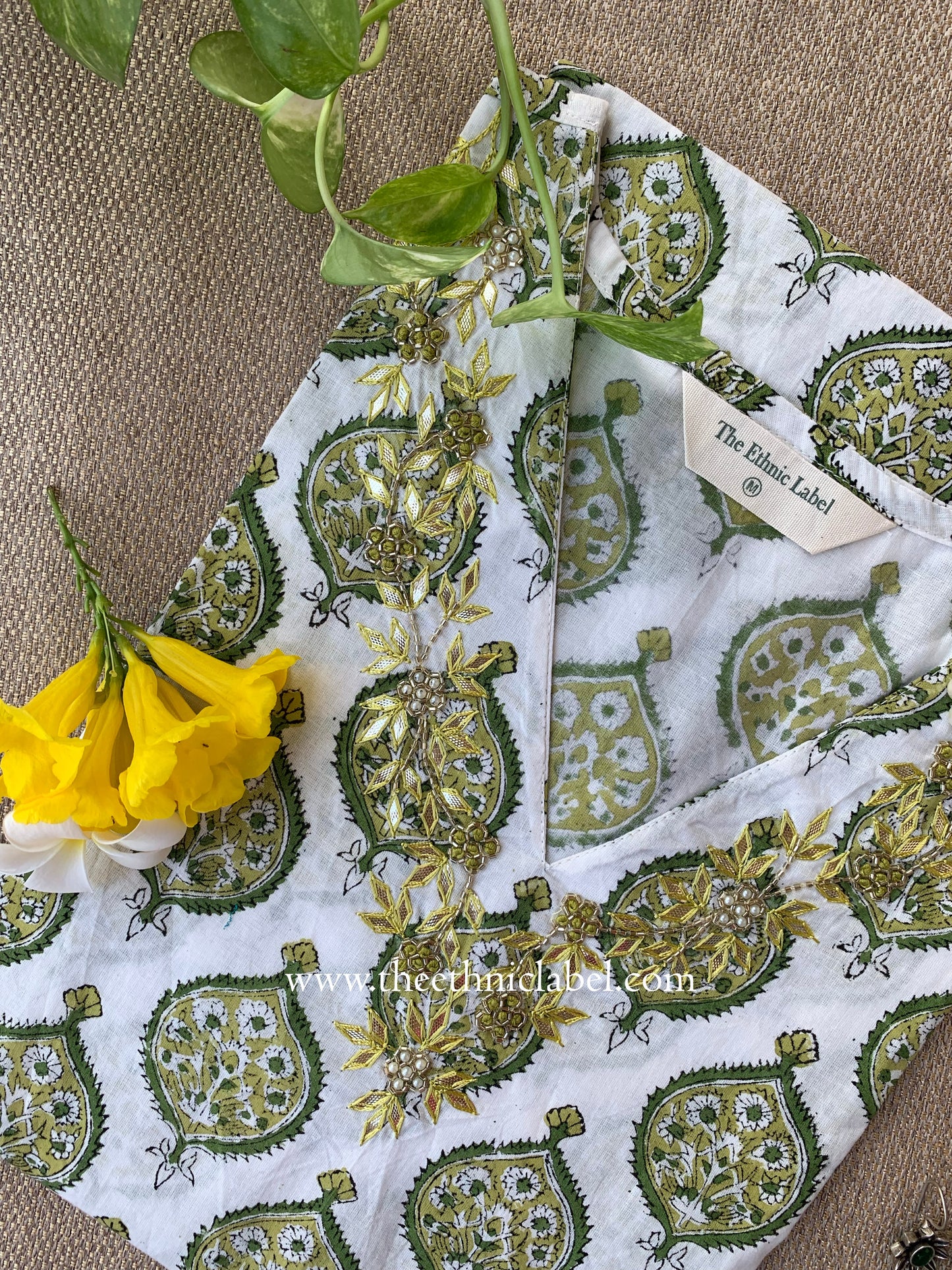 "Tasveer" Hand Embroidered Block Printed White Cotton kurta