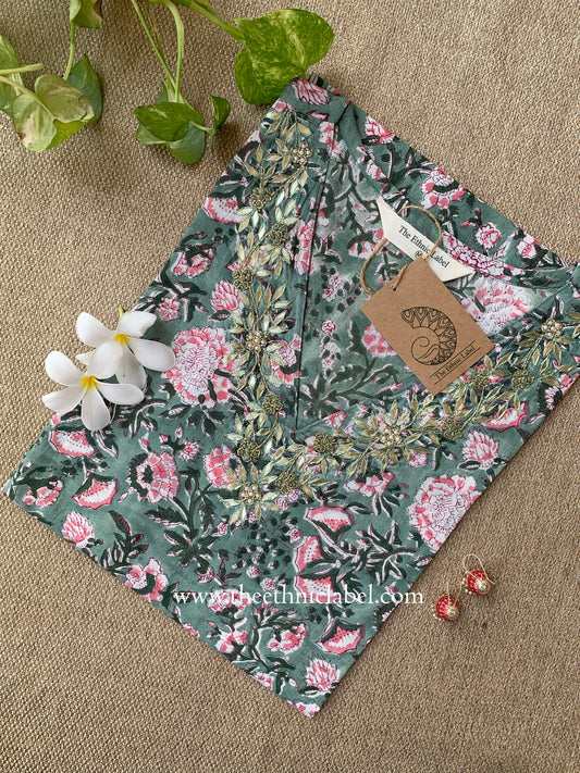 "Siksha" Hand Embroidered Block Printed Cotton kurta