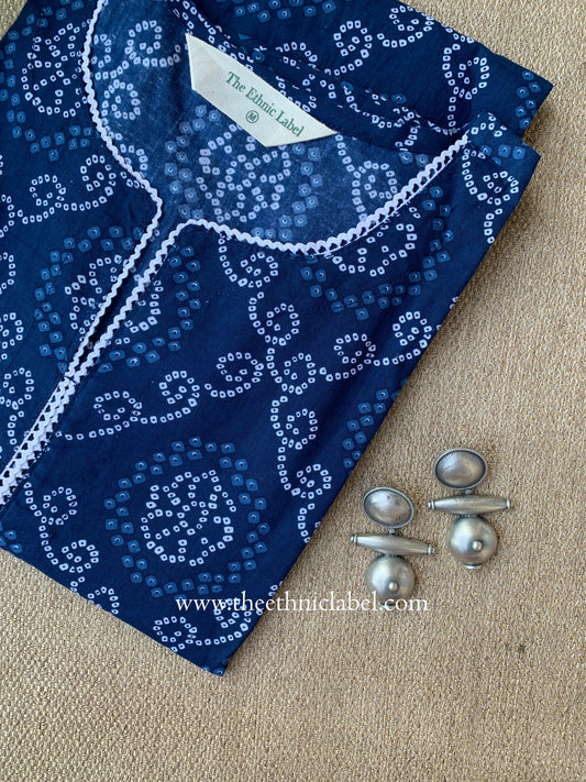 "Rubai" Bandhani Blue Laced Cotton Kurta