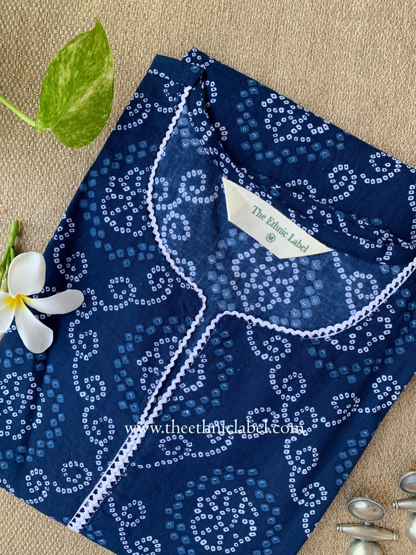 "Rubai" Bandhani Blue Laced Cotton Kurta