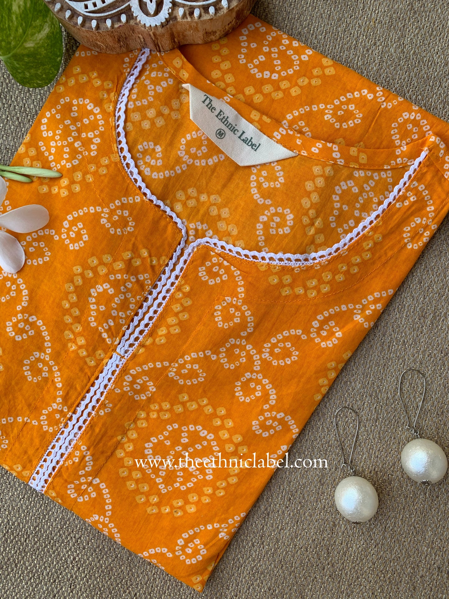 "Nadia" Bandhani Yellow Laced Cotton Kurta