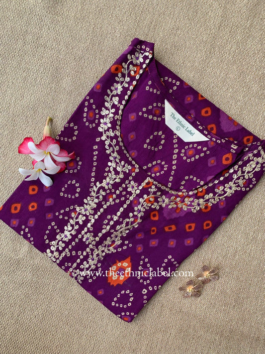 "Aangan" Bandhani Purple Embroidered Cotton Kurta