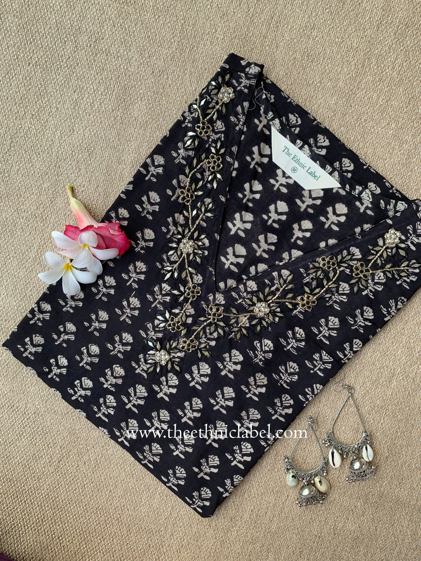 "Aamna" Hand Embroidered Block Printed Black Cotton kurta