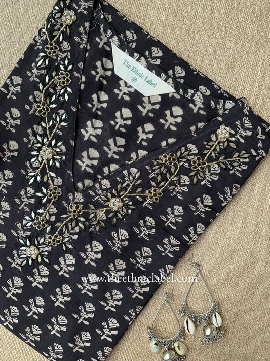 "Aamna" Hand Embroidered Block Printed Black Cotton kurta