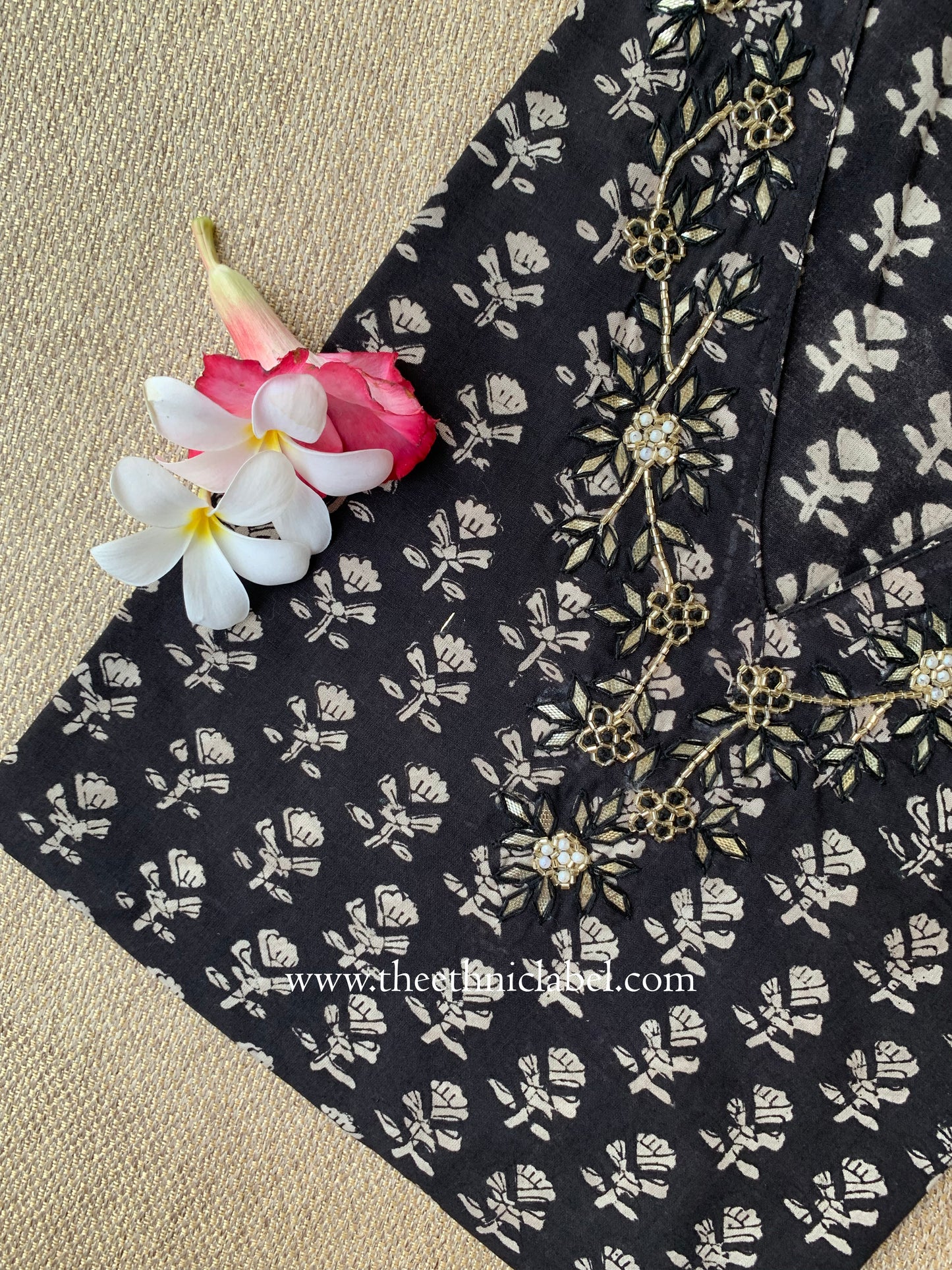 "Aamna" Hand Embroidered Block Printed Black Cotton kurta