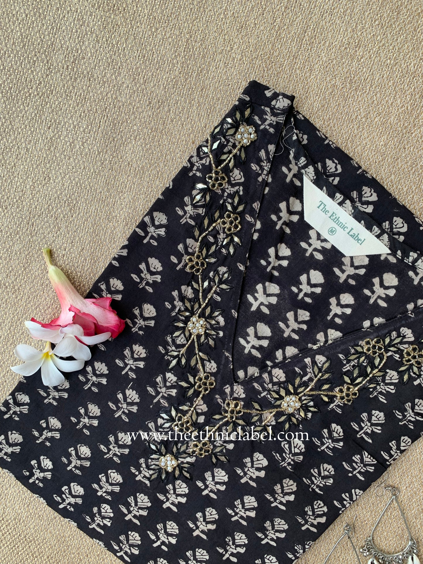 "Aamna" Hand Embroidered Block Printed Black Cotton kurta