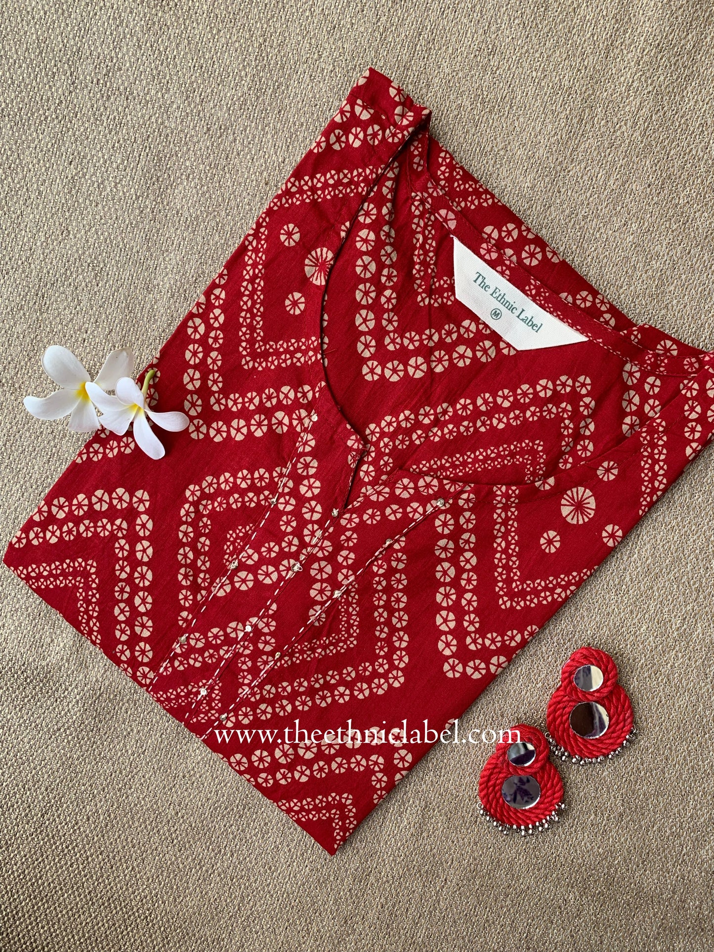 "Hanaya" Bandhani Red Kantha Cotton Kurta