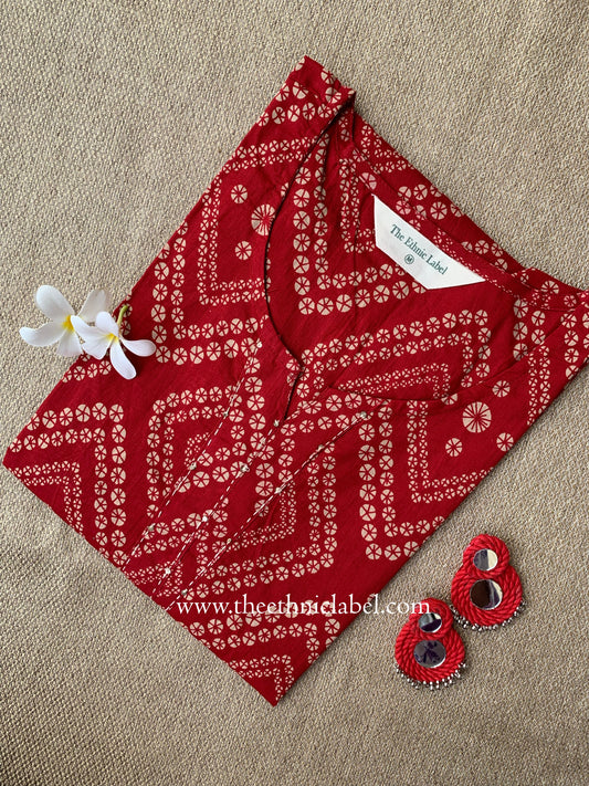 "Hanaya" Bandhani Red Kantha Cotton Kurta