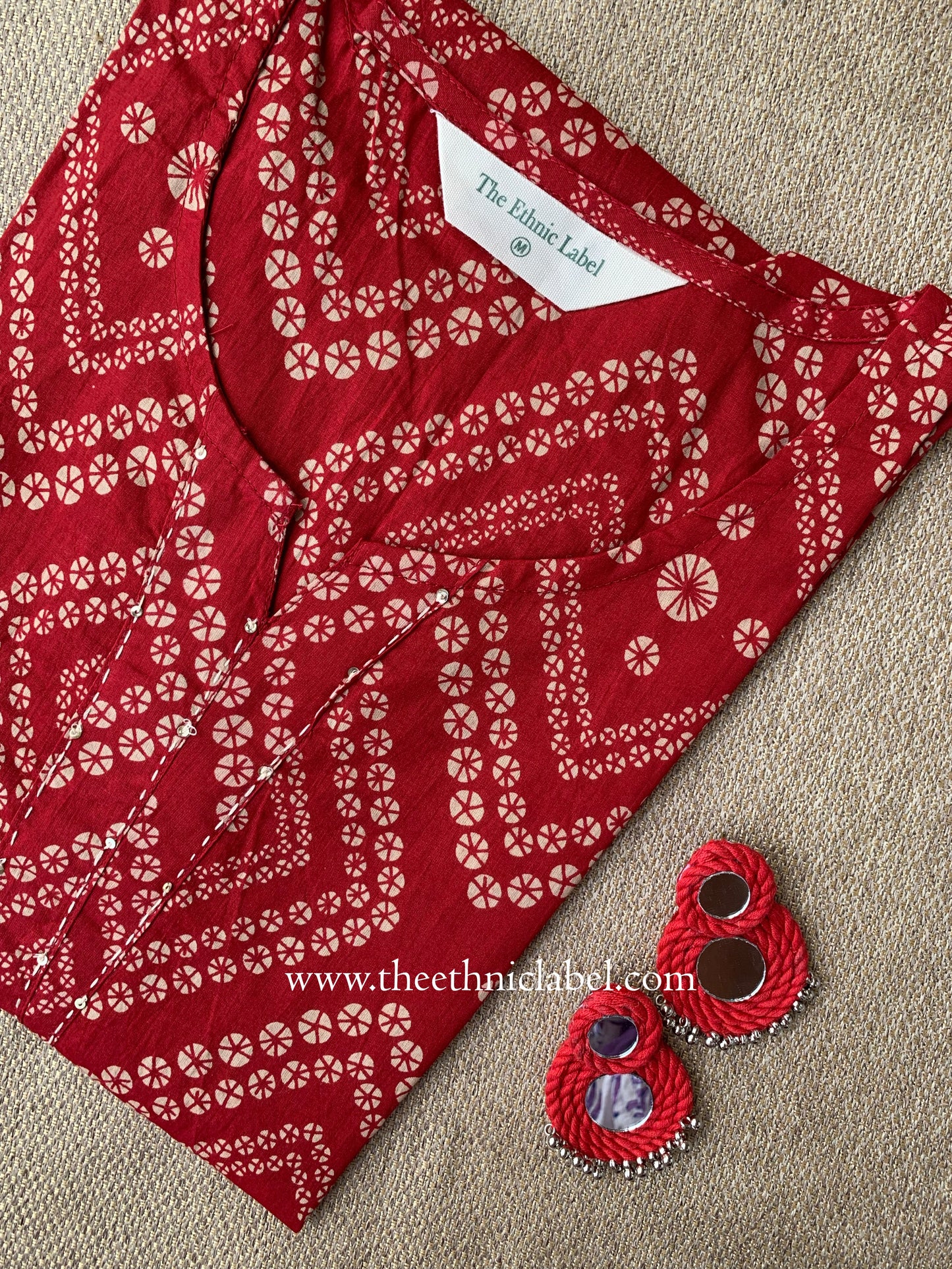 "Hanaya" Bandhani Red Kantha Cotton Kurta