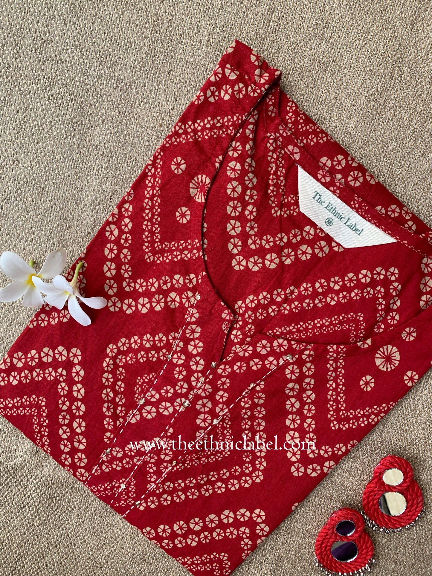 "Hanaya" Bandhani Red Kantha Cotton Kurta