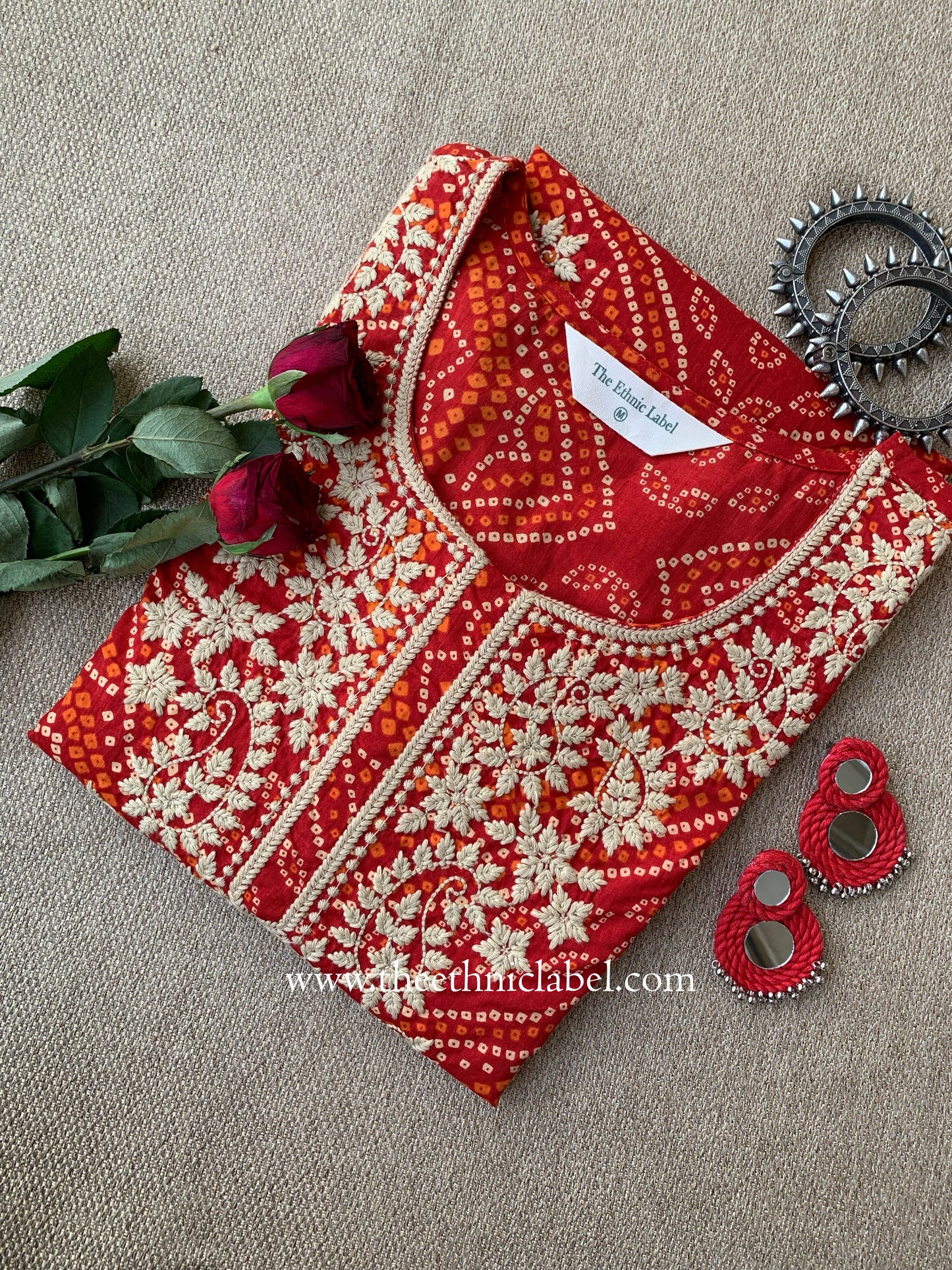 "Alankrita" Bandhani Red Embroidered Cotton Kurta