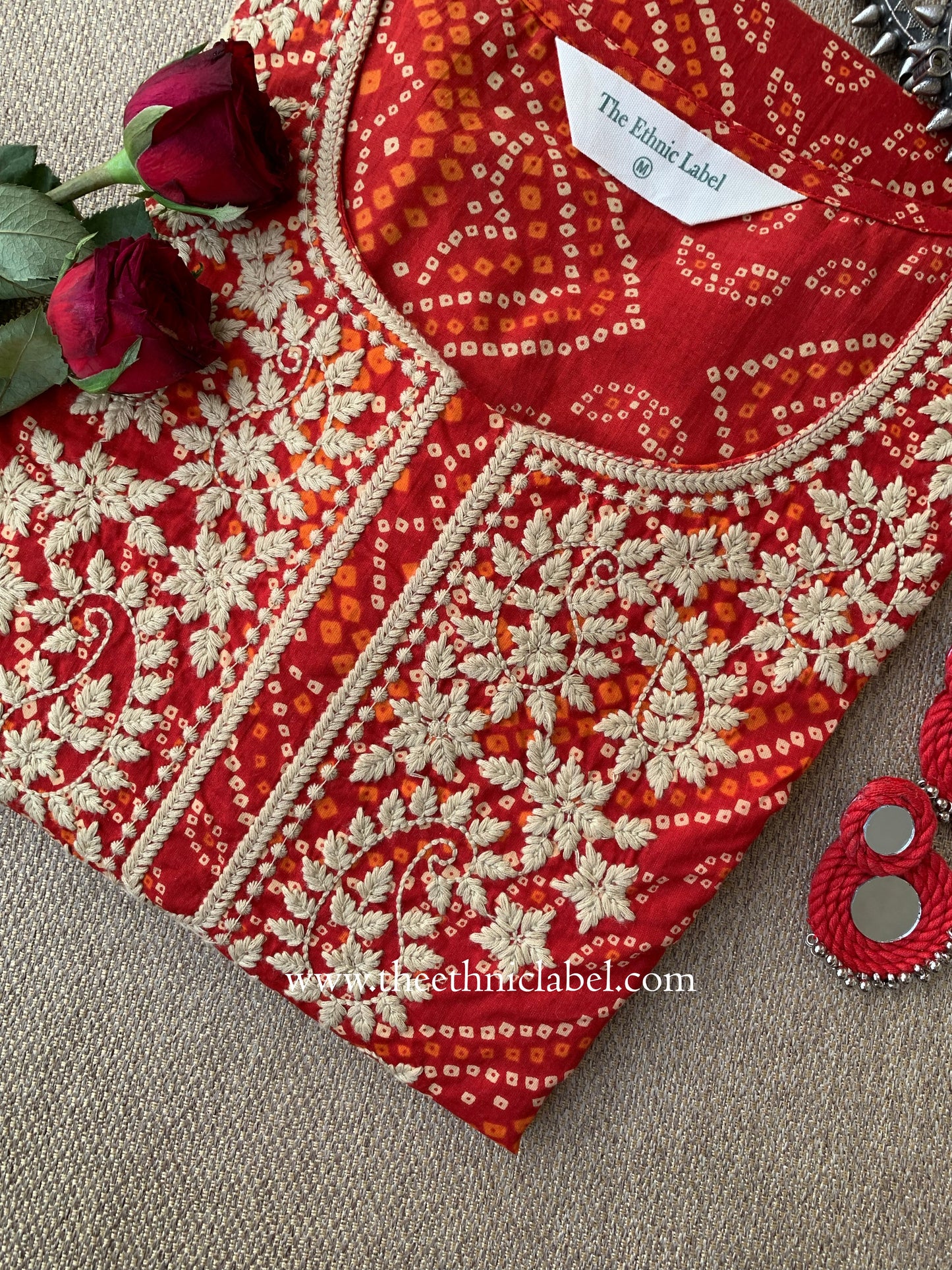 "Alankrita" Bandhani Red Embroidered Cotton Kurta
