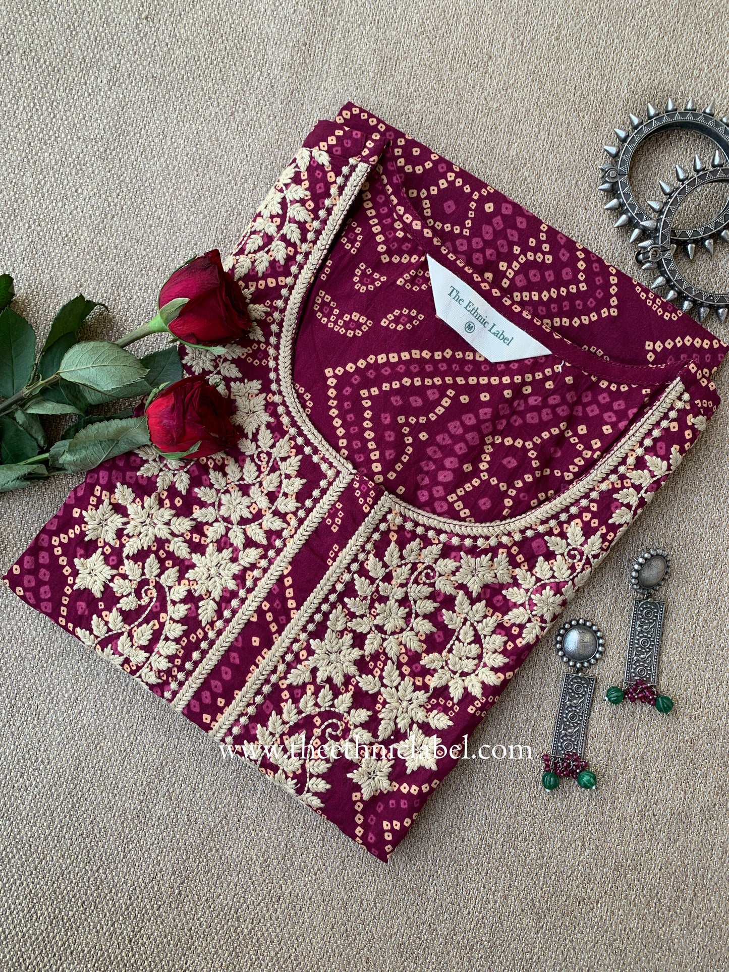 "Rehza" Bandhani Magenta Embroidered Cotton Kurta