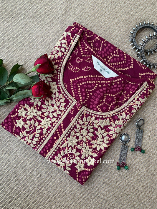 "Rehza" Bandhani Magenta Embroidered Cotton Kurta