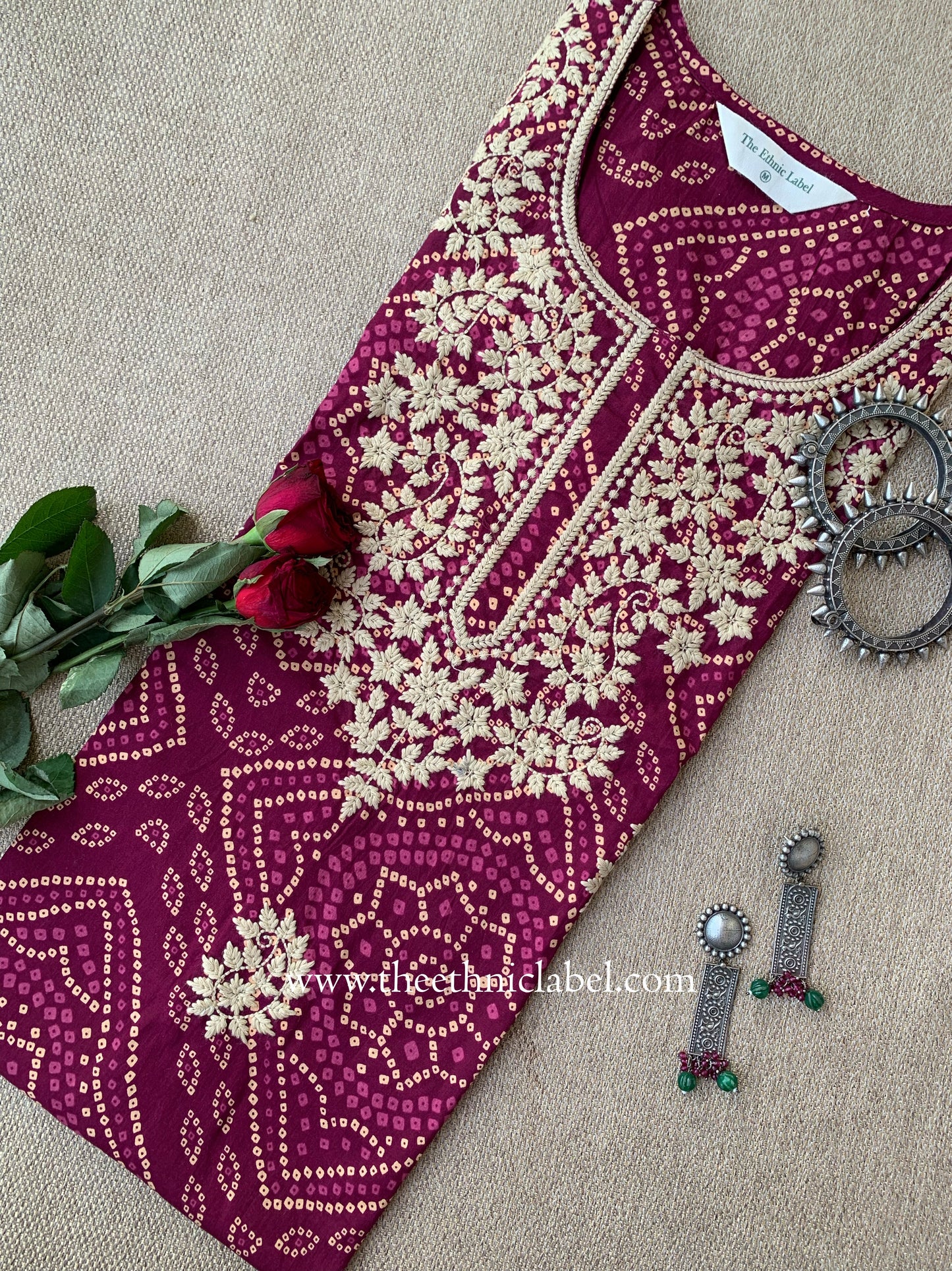 "Rehza" Bandhani Magenta Embroidered Cotton Kurta