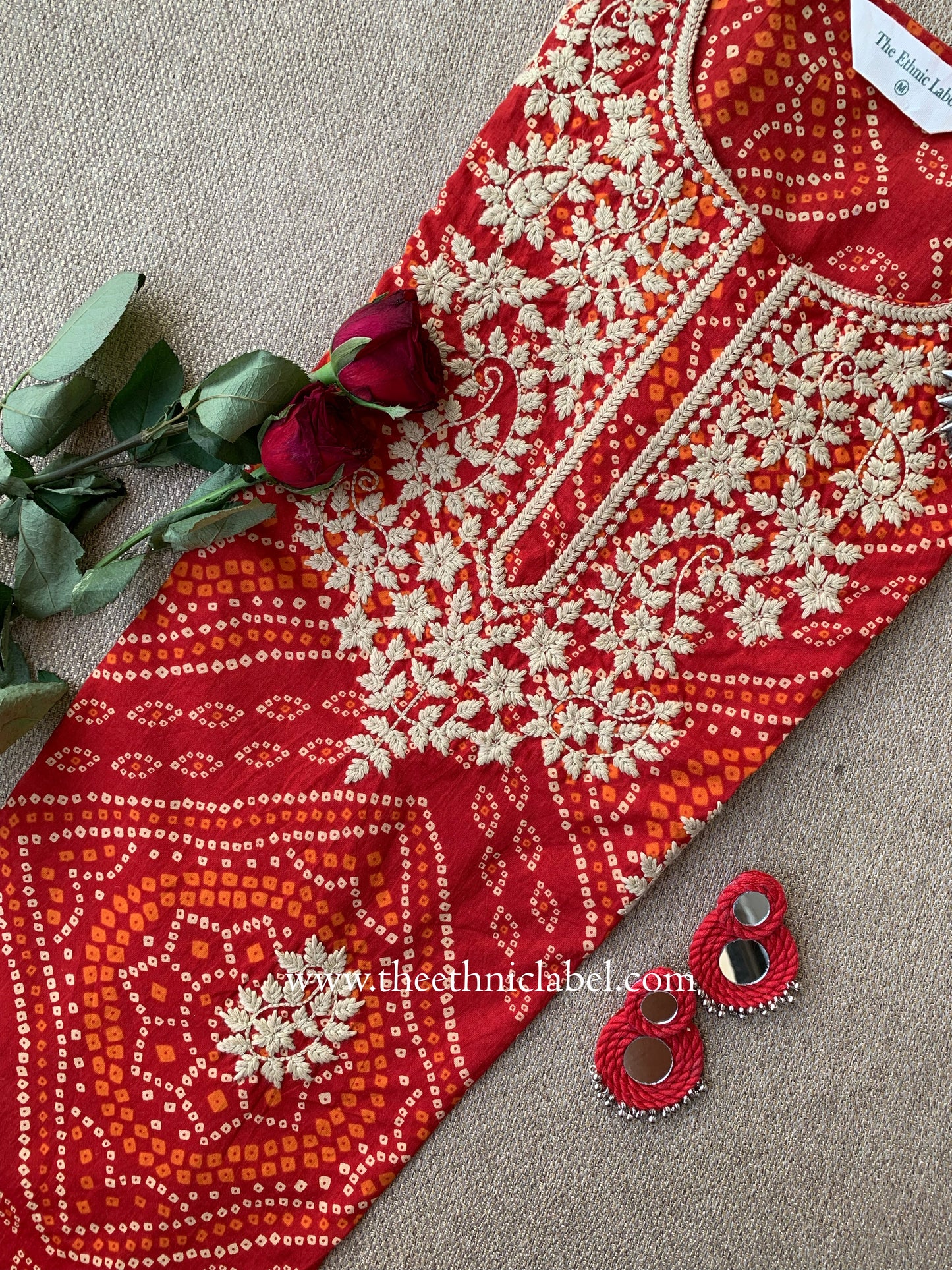 "Alankrita" Bandhani Red Embroidered Cotton Kurta