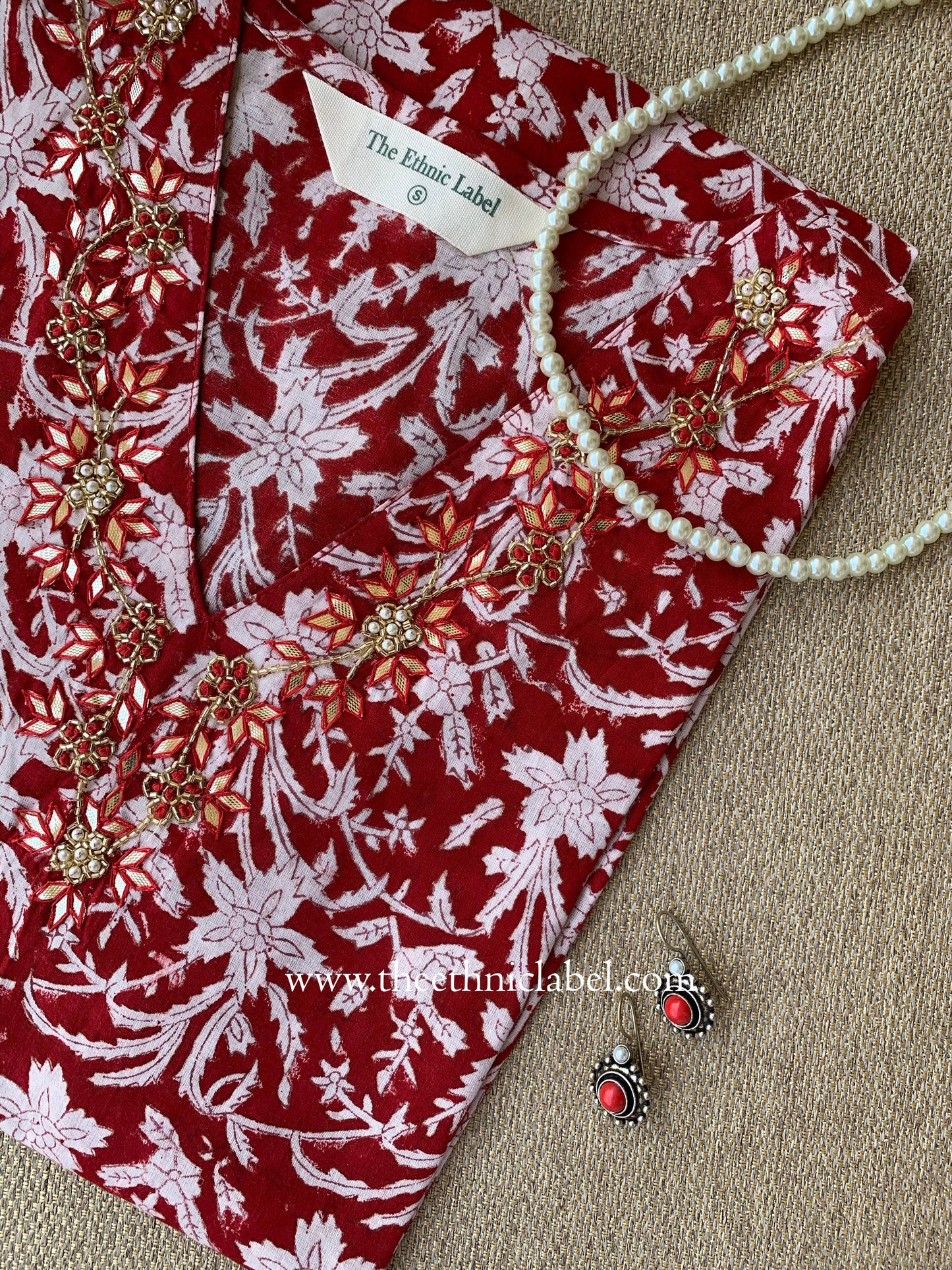 "Ruby" Hand-embroidered Block Print Cotton kurta