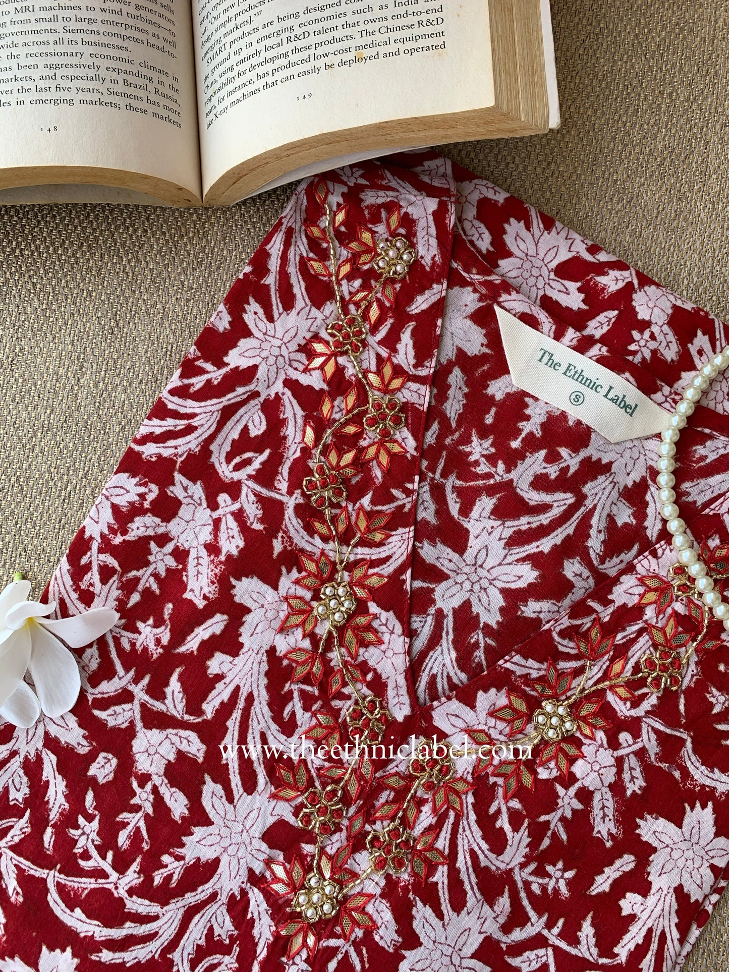 "Ruby" Hand-embroidered Block Print Cotton kurta
