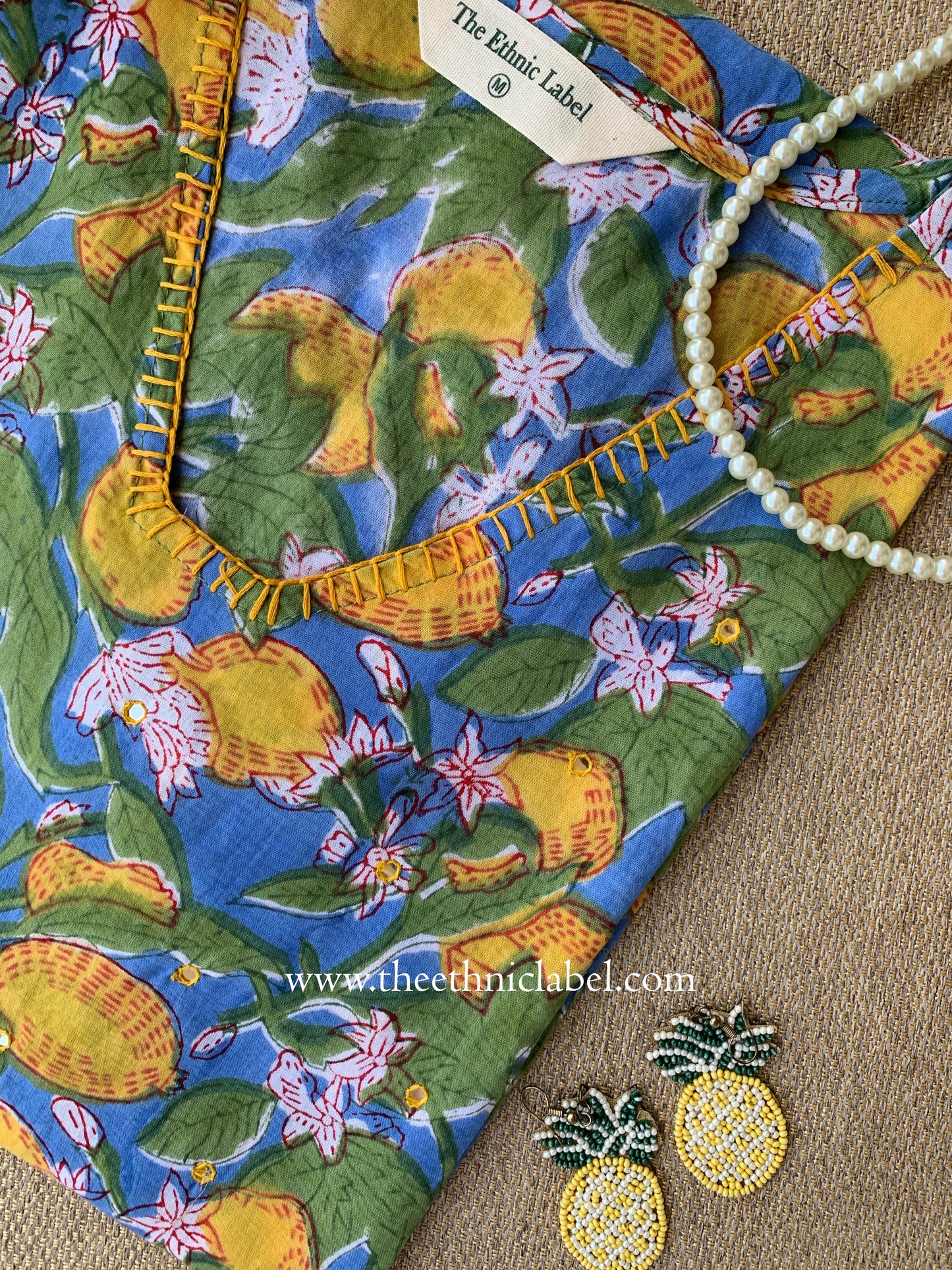 "Nimbu" Hand-embroidered Block Print Cotton kurta