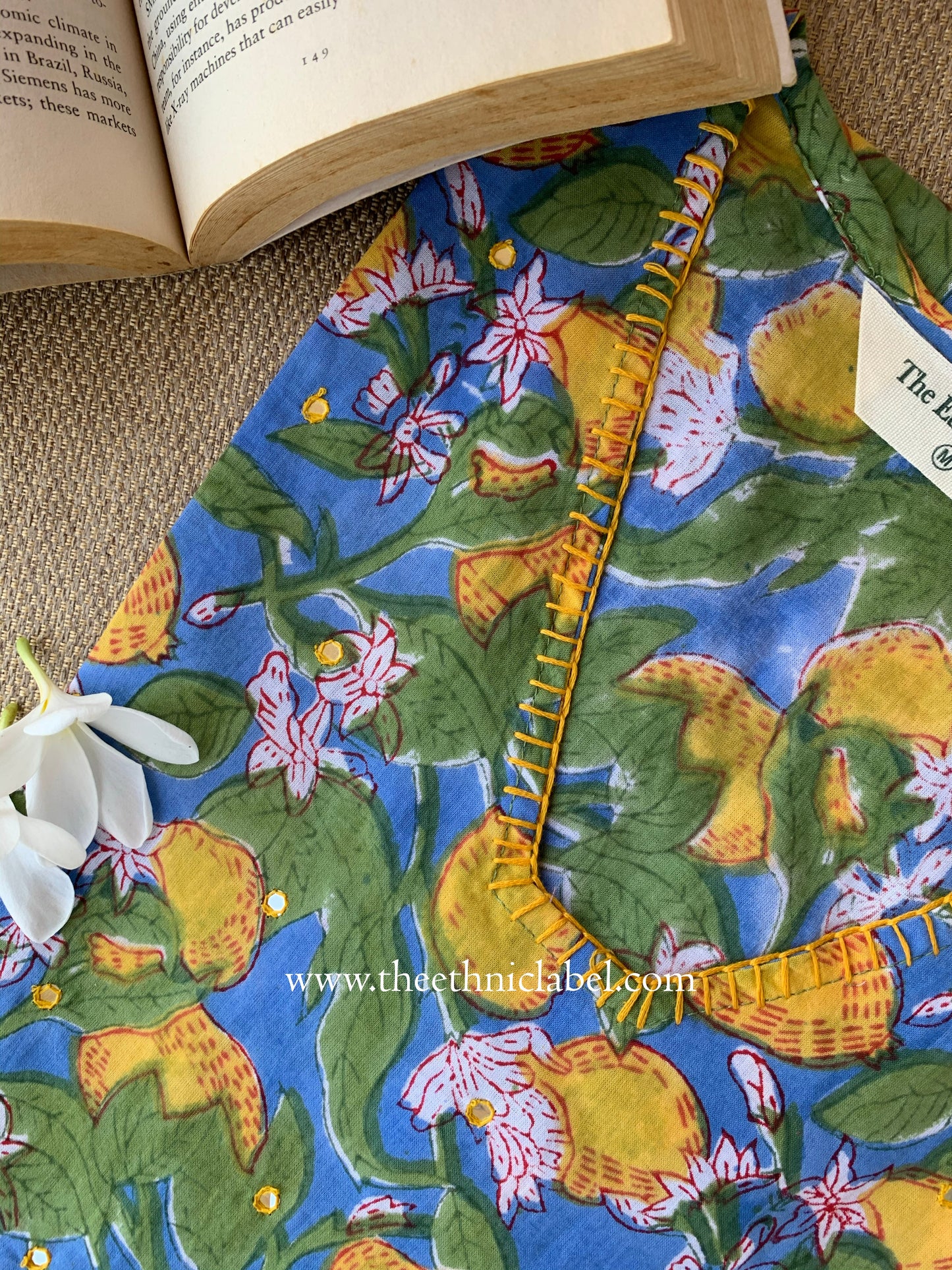 "Nimbu" Hand-embroidered Block Print Cotton kurta