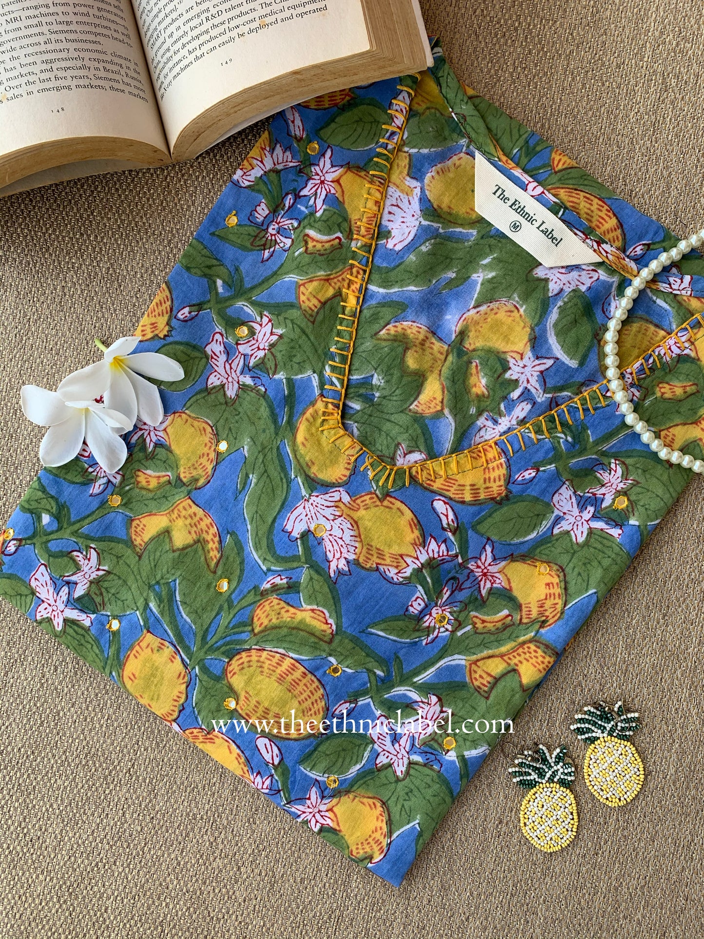 "Nimbu" Hand-embroidered Block Print Cotton kurta