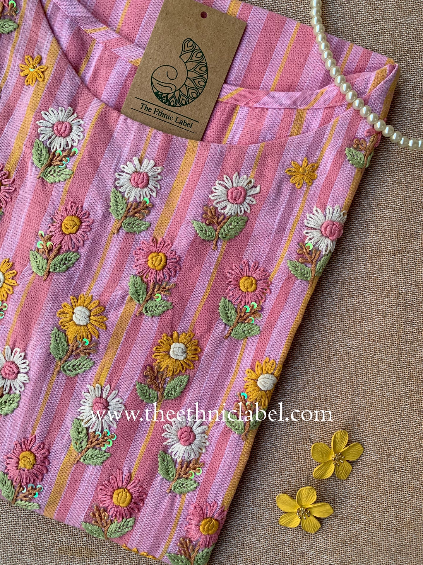"Aabharan" Pink Embroidered Cotton kurta - Image 3