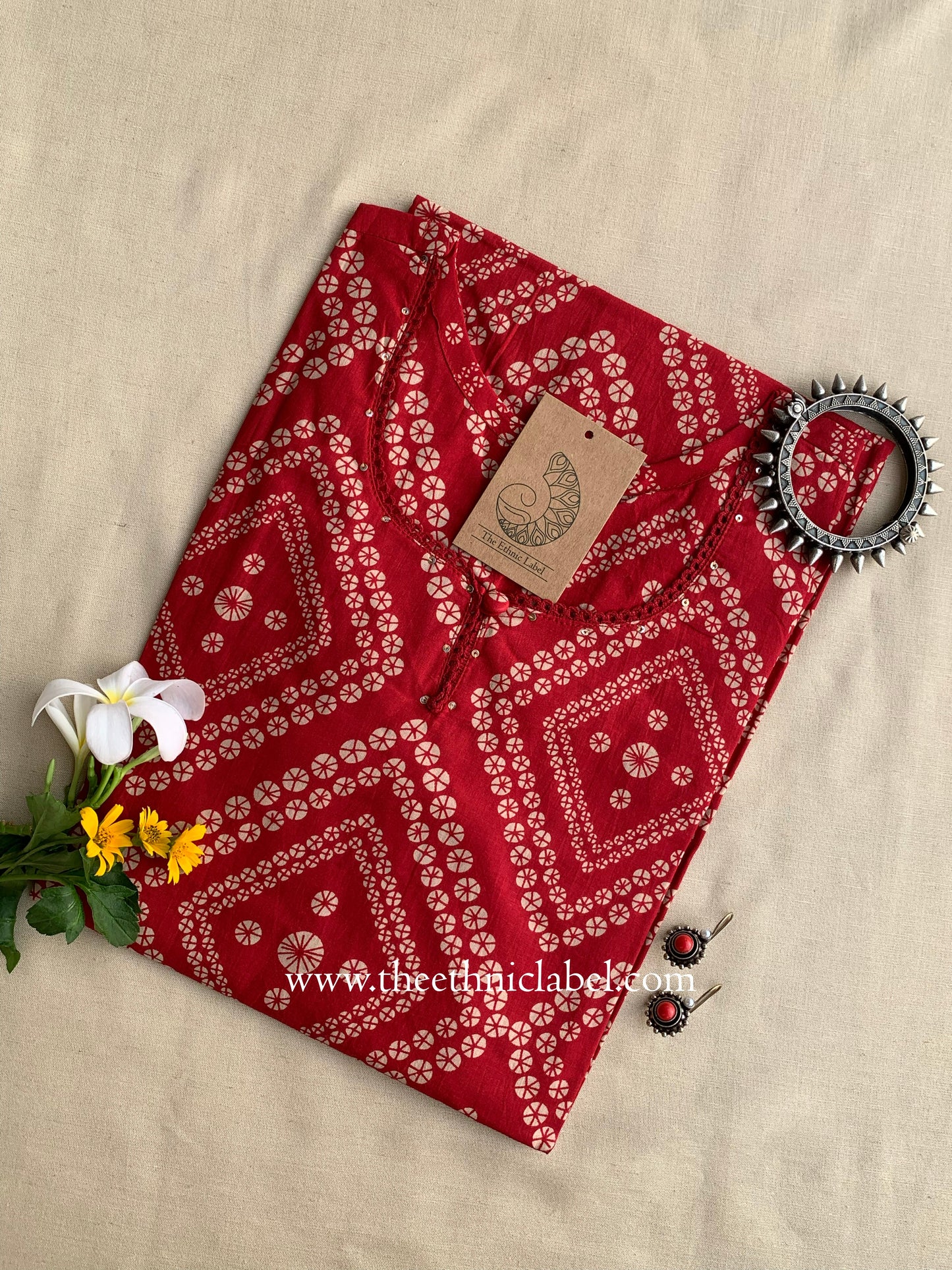 "Reenam" Bandhani Laced Cotton Kurta - L, XXL