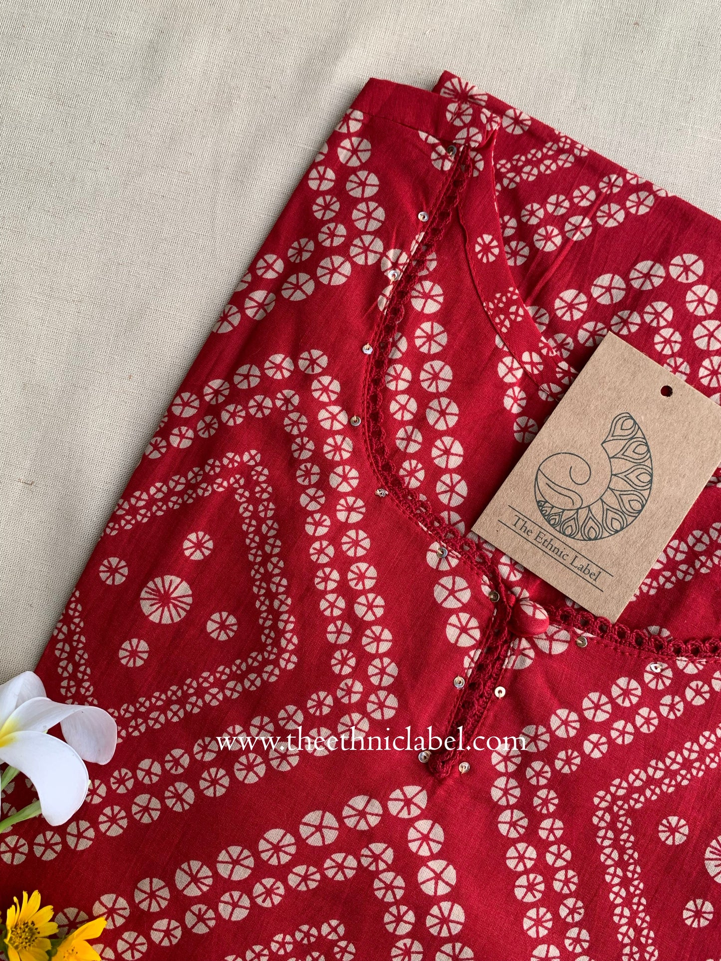 "Reenam" Bandhani Laced Cotton Kurta - L, XXL