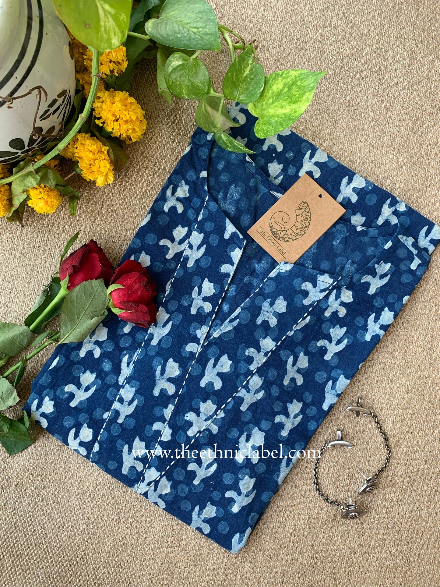 "Noyonika" Indigo Block Printed Cotton kurta