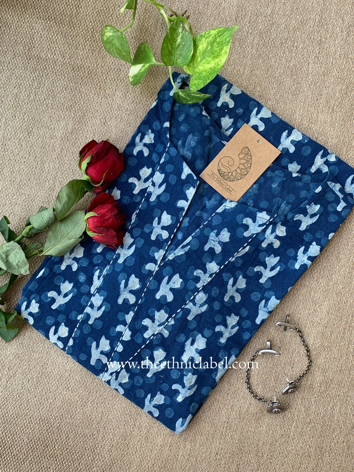 "Noyonika" Indigo Block Printed Cotton kurta