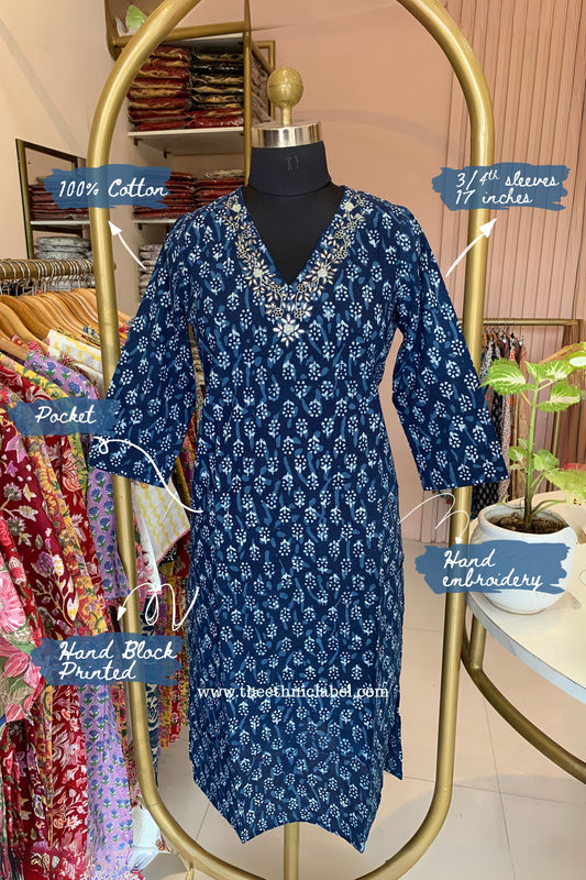 "Abor" Hand Embroidered Indigo Cotton kurta