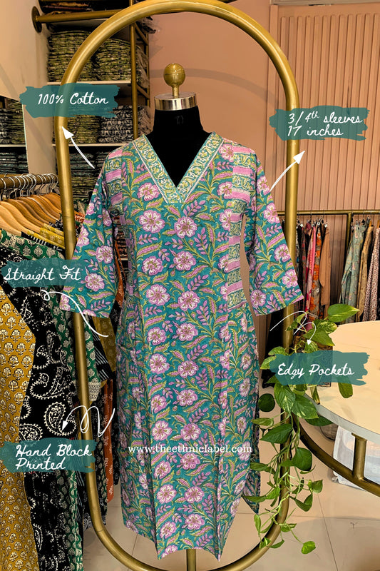 "Sahar" Hand Block Printed Sea Green Cotton kurta