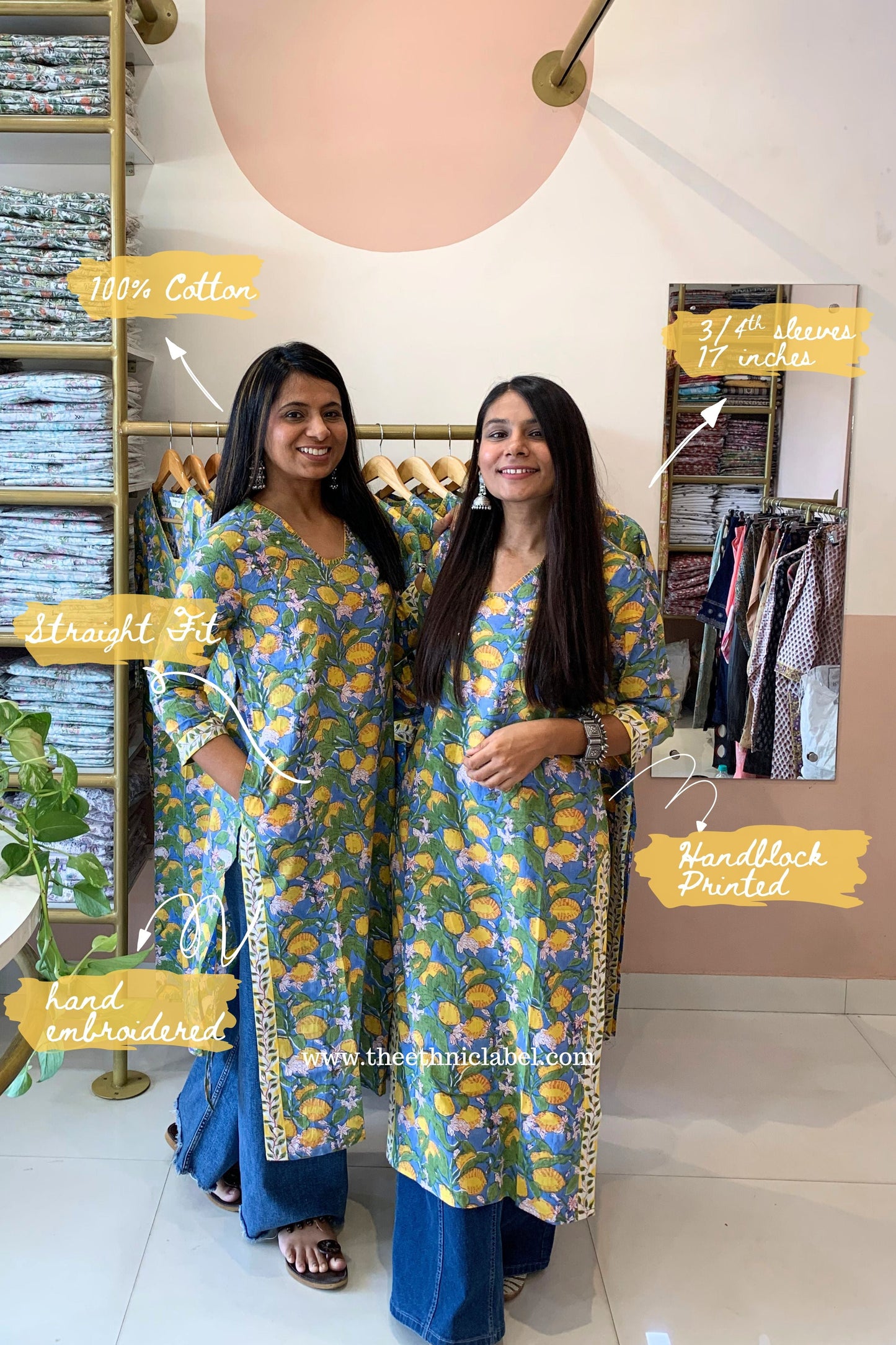 "Nimbu" Hand-embroidered Block Print Cotton kurta