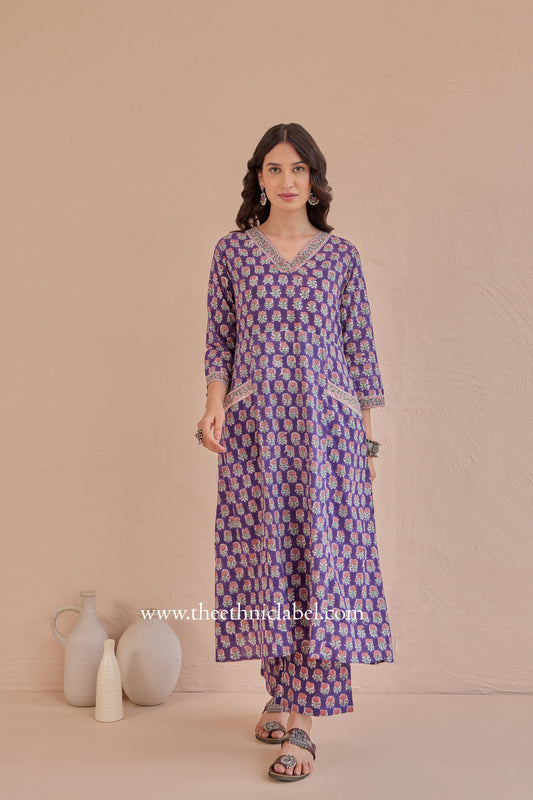 "Moksha" A Line Block printed Kurta with pants-2pc