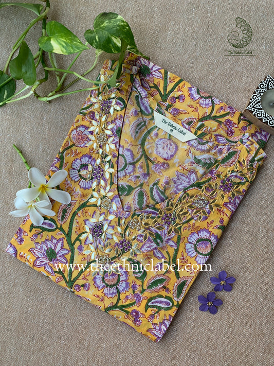 "Aaradhya" Hand Embroidered Block Printed Cotton kurta