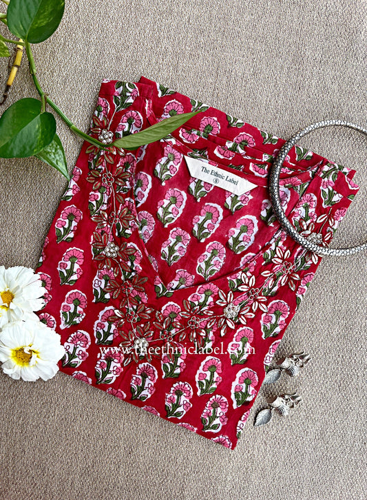 "Suman" Hand Embroidered Block Printed Cotton kurta (S to 5XL)