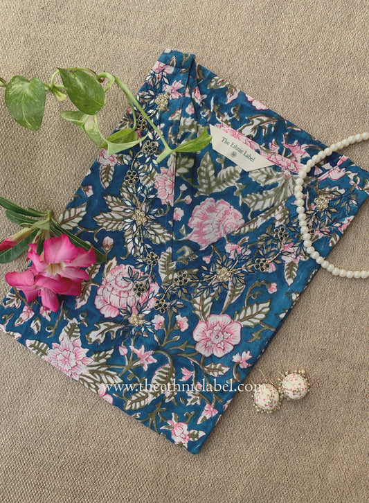 "Tarz" Hand Embroidered Block Printed Blue Cotton kurta