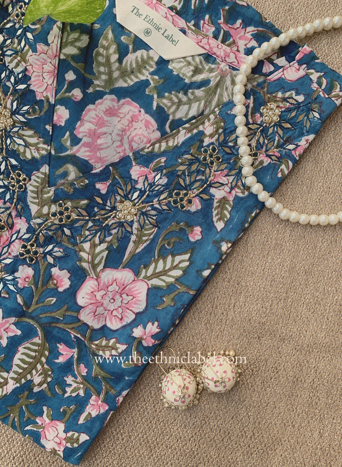 "Tarz" Hand Embroidered Block Printed Blue Cotton kurta