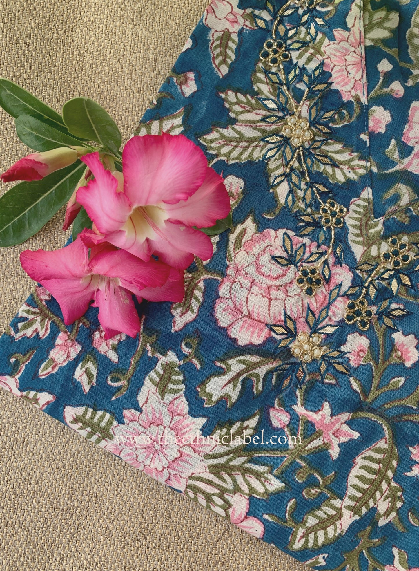 "Tarz" Hand Embroidered Block Printed Blue Cotton kurta