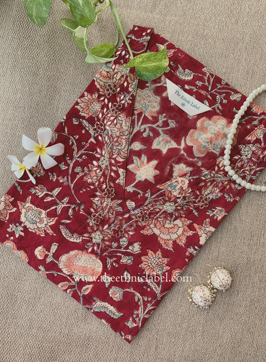 "Naqsh" Hand Embroidered Block Printed Red Cotton kurta