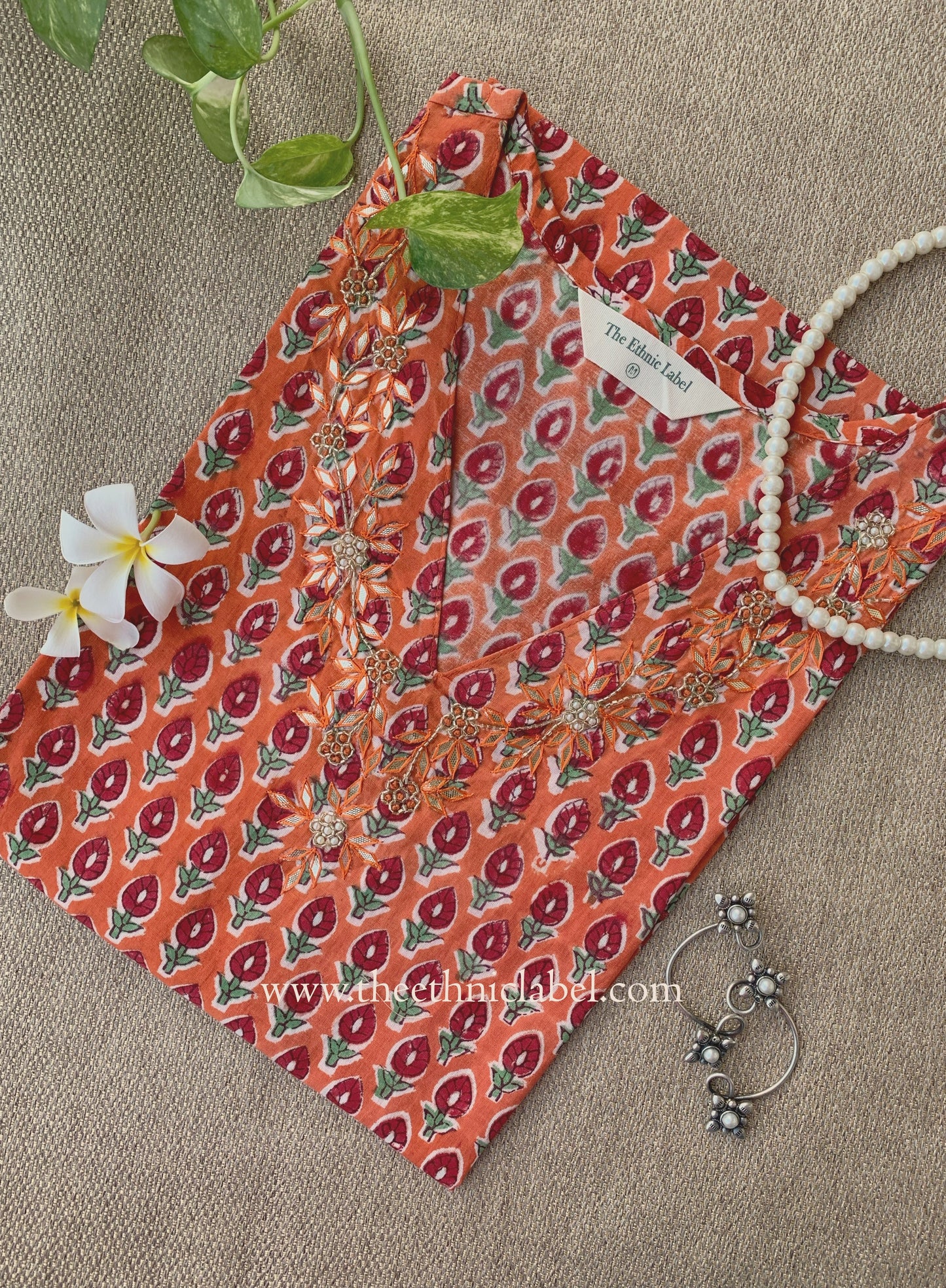 "Jhalak" Hand Embroidered Block Printed Orange Cotton kurta