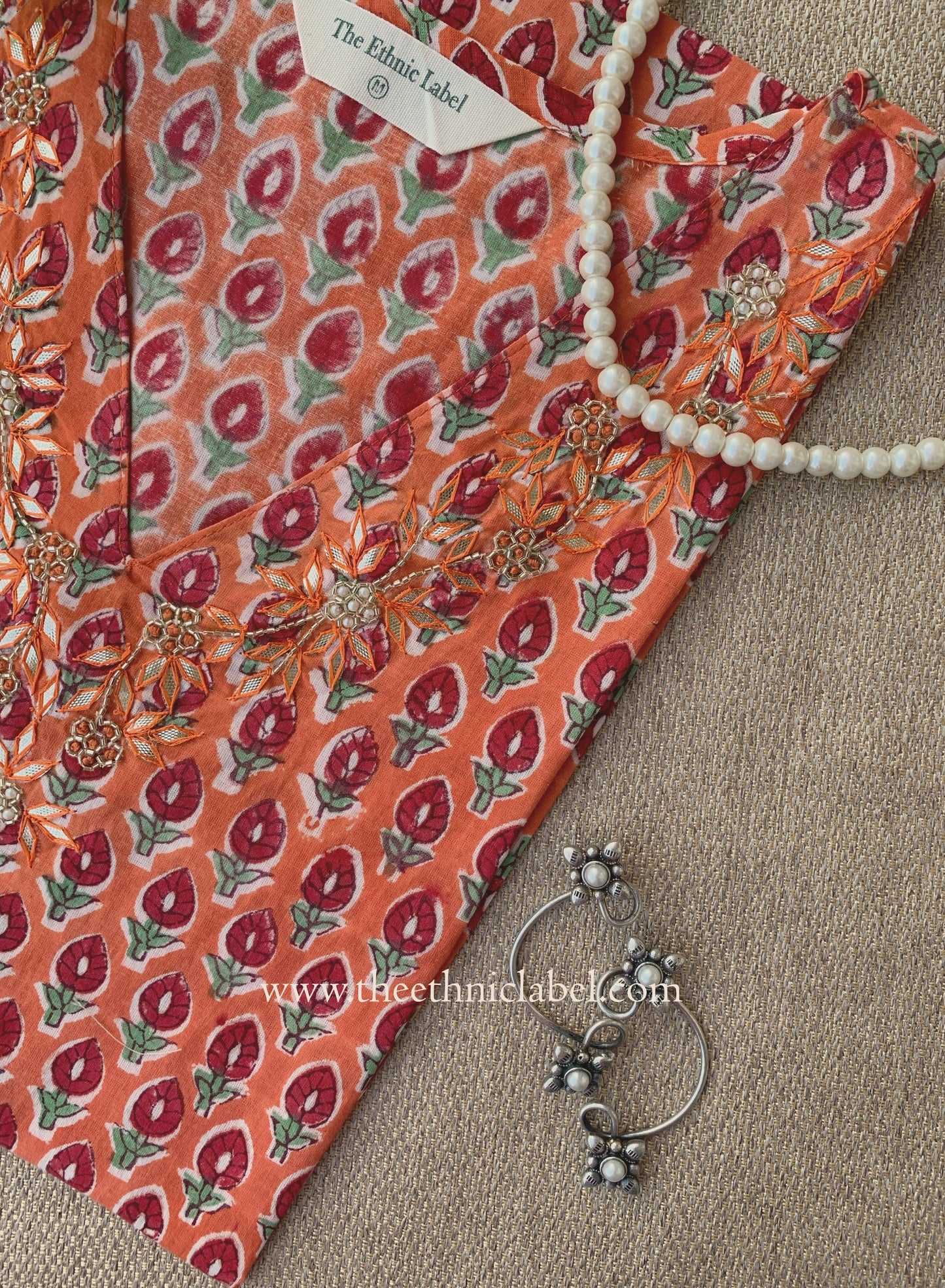 "Jhalak" Hand Embroidered Block Printed Orange Cotton kurta