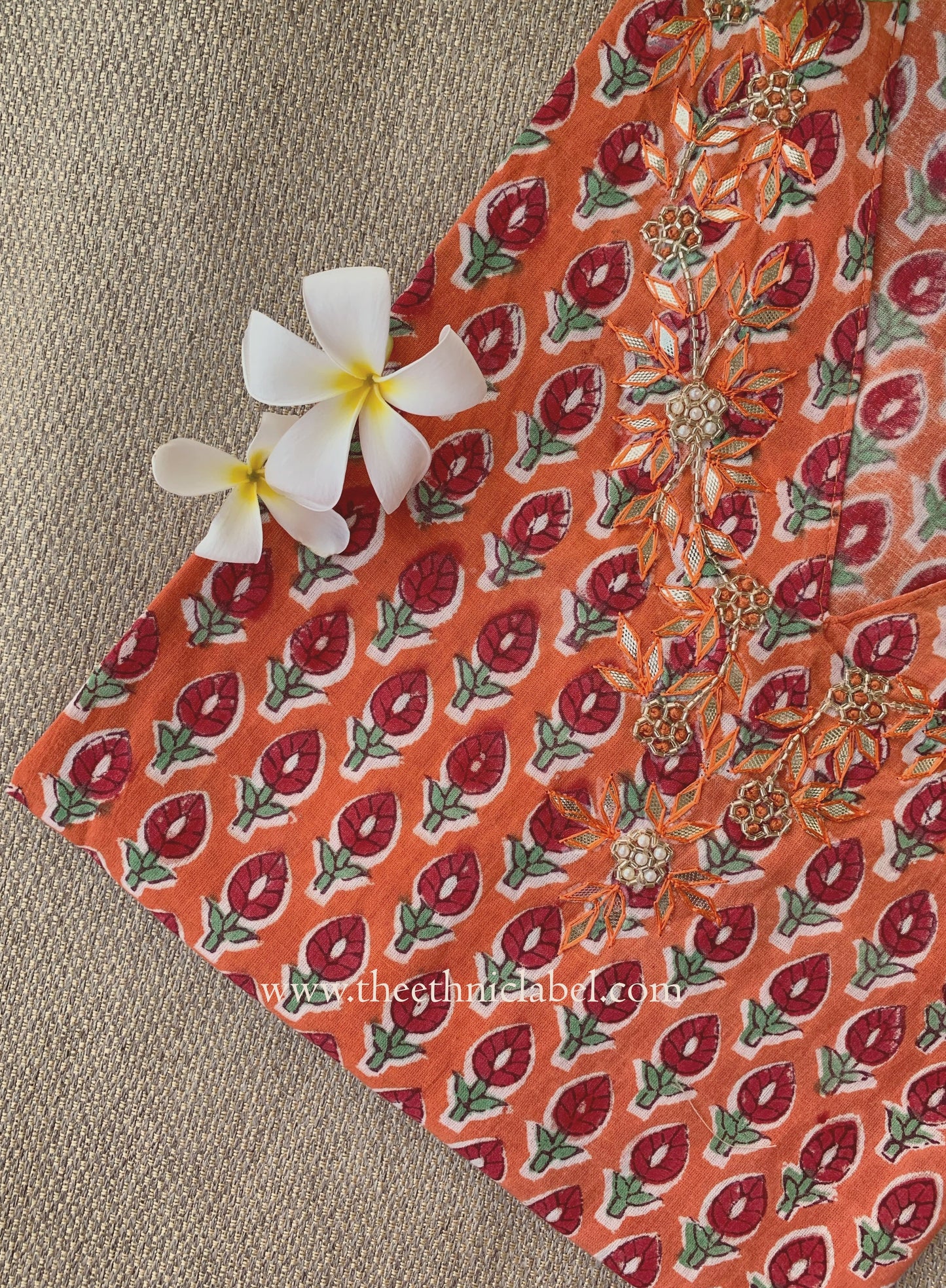 "Jhalak" Hand Embroidered Block Printed Orange Cotton kurta