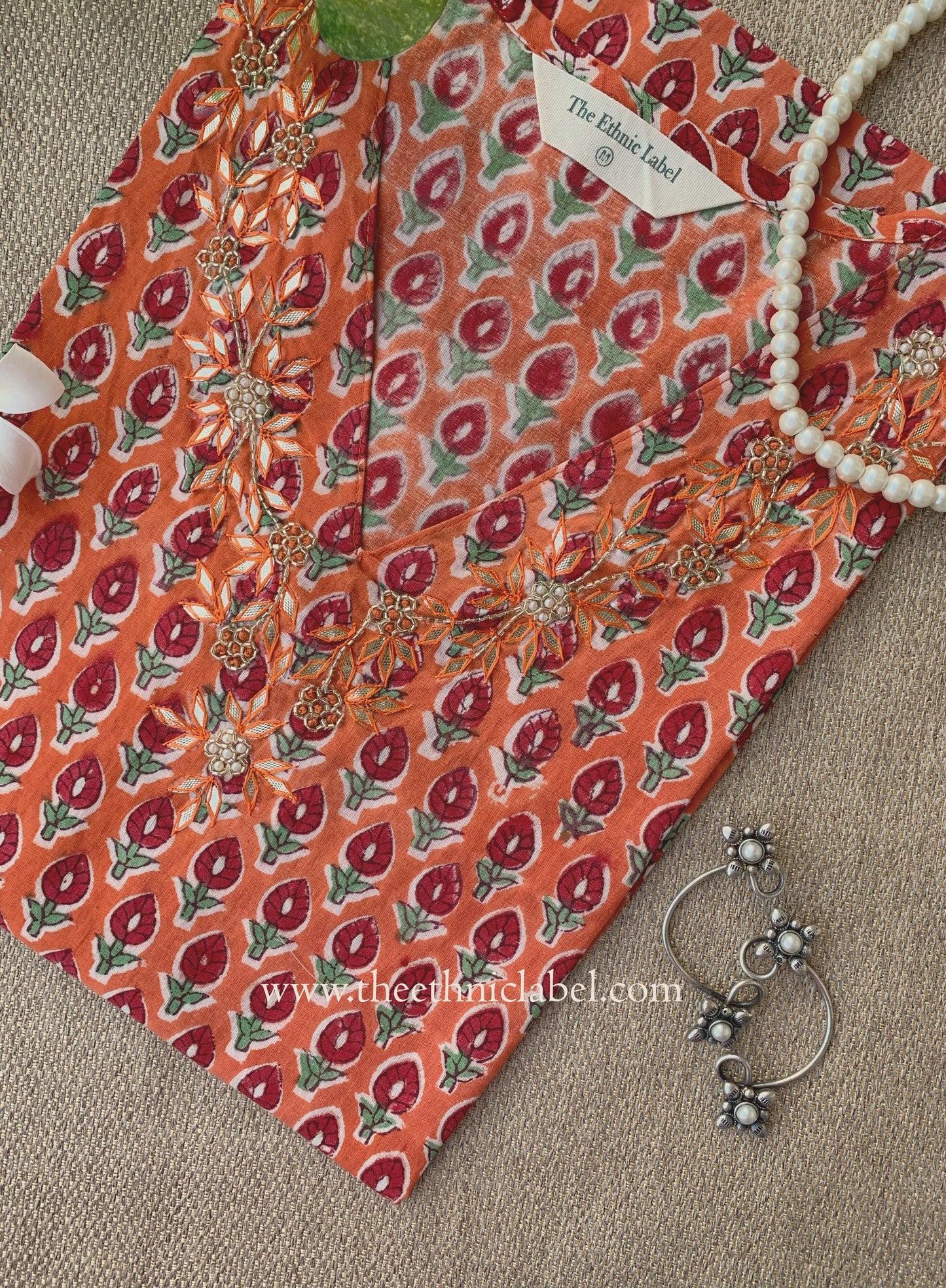 "Jhalak" Hand Embroidered Block Printed Orange Cotton kurta